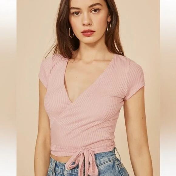 Reformation Top Womens Medium Flora Wrap Blouse Tie Blush Pink V-Neck Ribbed - Picture 1 of 9